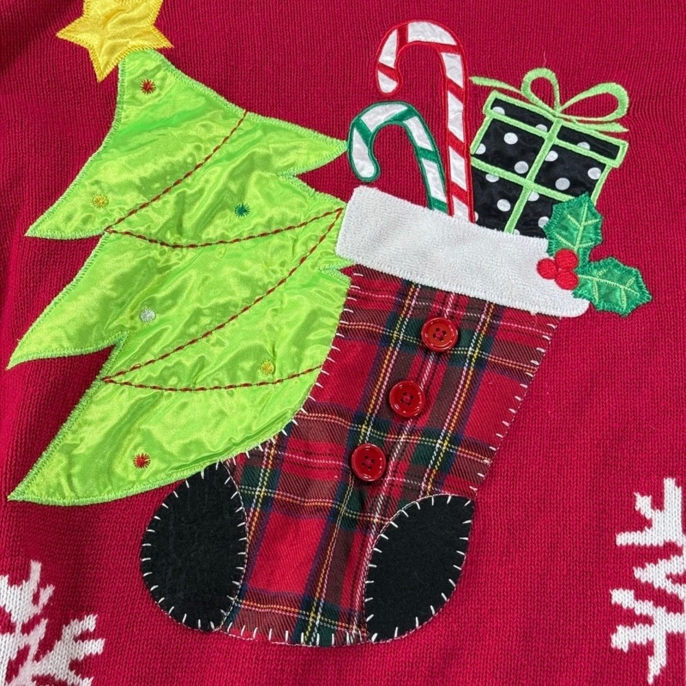 Retro Threads Christmas Sweater Large Red Patchwork Tree Stocking - Picture 7 of 7